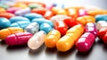 Close up of colorful pills on reflective surface. Focus on foreground Royalty Free Stock Photo