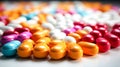 Close up of colorful pills on reflective surface. Focus on foreground Royalty Free Stock Photo