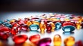 Close up of colorful pills on reflective surface. Focus on foreground. Royalty Free Stock Photo