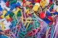 Close up of colorful pushpin and paper clips