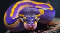 Close-up of a colorful python with vibrant purple and yellow scales
