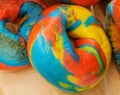 Close up of a colorful rainbow bagel