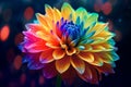 Close up of colorful rainbow dahlia flower with rain droplets Generative Ai