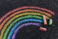 Close-up of a rainbow painted on a road with sidewalk chalk, shot from above Royalty Free Stock Photo