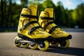 Close up of colorful rollerblades inline skates on a sunny summer day, with a smooth road ahead