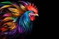 A close up of a colorful rooster on a black background