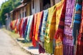 close-up of colorful rugs hanging on village washing lines
