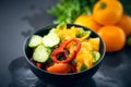 Close Up of colorful salad from tomatoes, cucumbers, peppers and Royalty Free Stock Photo