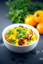 Close Up of colorful salad from tomatoes, cucumbers, peppers and Royalty Free Stock Photo