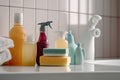 Close-up of a colorful set of cleaning products, including detergent, cleaner and sponge, ensuring hygiene and sanitation in the Royalty Free Stock Photo