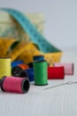 Close-up of colorful sewing objects.