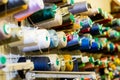 Close Up Of Colorful Sewing Threads In Drawer. Closeup Shot Of Multicolored Spools Of Thread, Sewing Accessories In Royalty Free Stock Photo