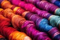 close-up of colorful silk threads used for weaving saris Royalty Free Stock Photo