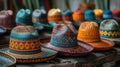 Close-up of colorful sombreros showcasing intricate patterns and craftsmanship.