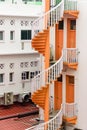 Spiral staircases with traditional shop houses in Singapore close-up