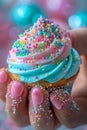 Close up of a Colorful Sprinkle Covered Cupcake Held with Pink Polished Nails, Vibrant Party Dessert