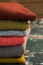 Close up of colorful stack of sweaters