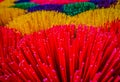 Close-up of colorful sticks at an incense workshop in Vietnam