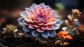 a close up of a colorful succulent plant in the dirt