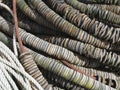 close up of colorful tangled old fishing net floats used in trawler fishing Royalty Free Stock Photo