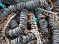 close up of colorful tangled old fishing net rope and floats Royalty Free Stock Photo