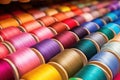 close-up of a colorful thread spools on a rack