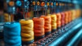 Close-up of colorful thread spools with a sewing needle in focus, capturing textile details and craftsmanship Royalty Free Stock Photo