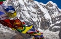 Close-up of colorful tibetan prayer flags moved by the wind and Annapurna snowcapped mountain blurred background, Himalayas Royalty Free Stock Photo