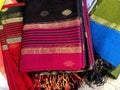 Close up of Colorful traditional Sari, saree displayed in India. natural silk, cotton fold fabric texture. Indian Handloom cotton Royalty Free Stock Photo