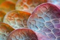 Close-up of colorful translucent leaf cells, showing intricate patterns and textures