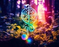 close-up colorful treble clef in magic forest.