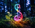 close-up colorful treble clef in magic forest.