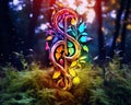 close-up colorful treble clef in magic forest.