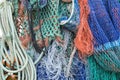 Close up on colorful and various fishing nets and ropes
