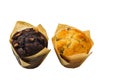 Close up colorful view of two muffins on white background isolated. Royalty Free Stock Photo