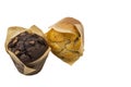 Close up colorful view of two muffins on white background isolated. Royalty Free Stock Photo