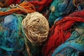 close-up of colorful, worn-out fishing nets and ropes