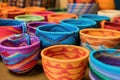 close-up of colorful woven baskets on display Royalty Free Stock Photo