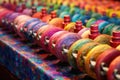 close-up of colorful yarn spools on a weaving machine