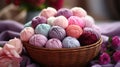 Close-up of coloured skeins of wool thread in a wooden basket. Cosy hobby concept. Generative AI