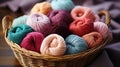 Close-up of coloured skeins of wool thread in a wooden basket. Cosy hobby concept. Generative AI