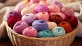 Close-up of coloured skeins of wool thread in a wooden basket. Cosy hobby concept. Generative AI