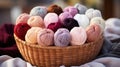 Close-up of coloured skeins of wool thread in a wooden basket. Cosy hobby concept. Generative AI