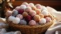 Close-up of coloured skeins of wool thread in a wooden basket. Cosy hobby concept. Generative AI