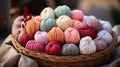 Close-up of coloured skeins of wool thread in a wooden basket. Cosy hobby concept. Generative AI