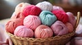 Close-up of coloured skeins of wool thread in a wooden basket. Cosy hobby concept. Generative AI