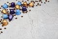 Close up colourful coffee capsules with roasted grains on gray concrete Royalty Free Stock Photo