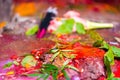 Close-up on colourful shrine details at temple in Nepal. Royalty Free Stock Photo