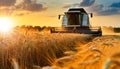 Combine Harvester in a Golden Wheat Field at Sunset - Generative Ai Royalty Free Stock Photo