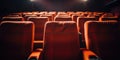 Close up Comfortable Soft Red Chairs in Empty Movie Cinema. Close up Red Seats in a Row. Generative AI Royalty Free Stock Photo